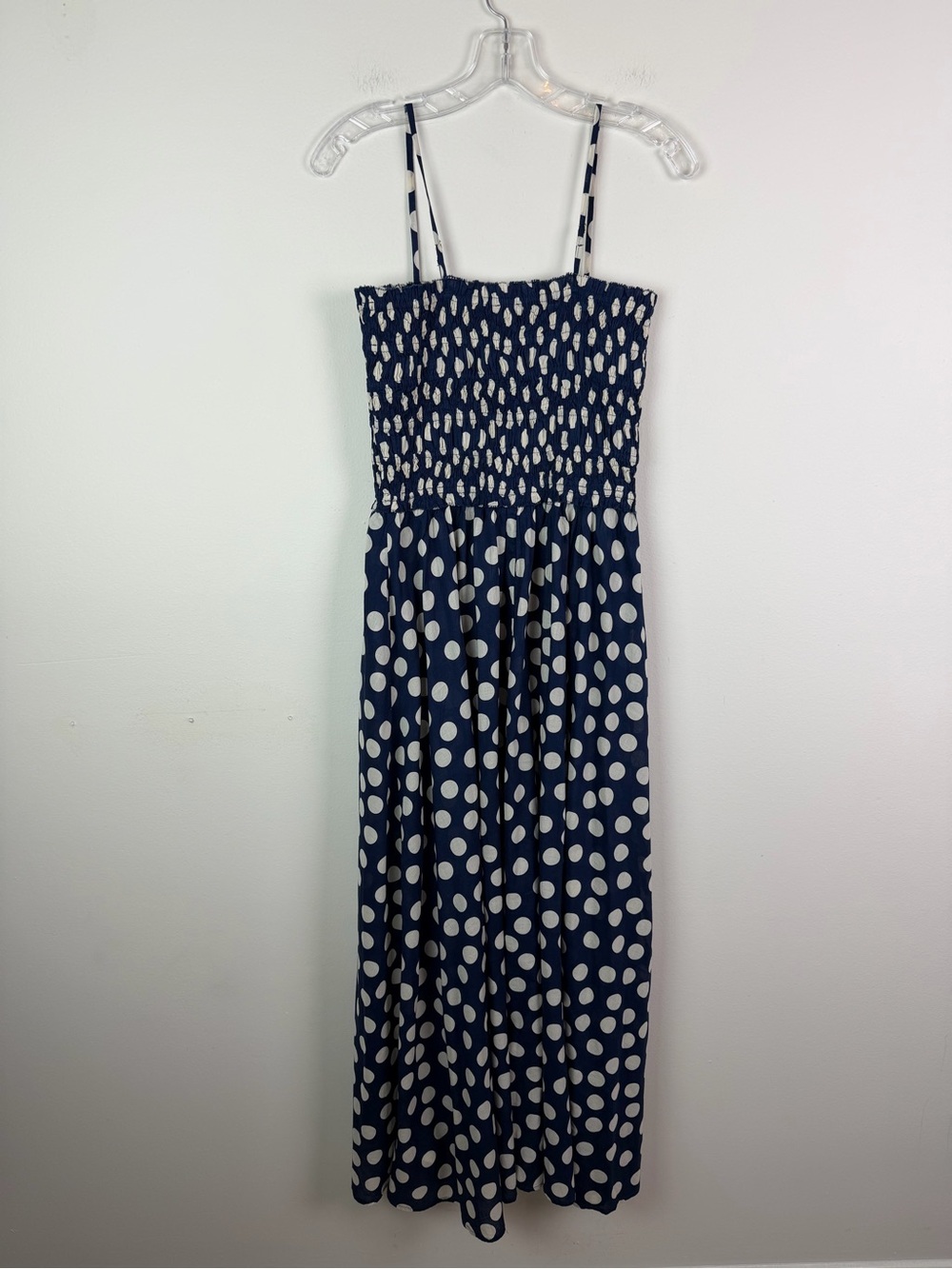 J. Crew Smocked Maxi Dress with Straps in Cotton Voile Navy Polka Dot Size S - Picture 11 of 13